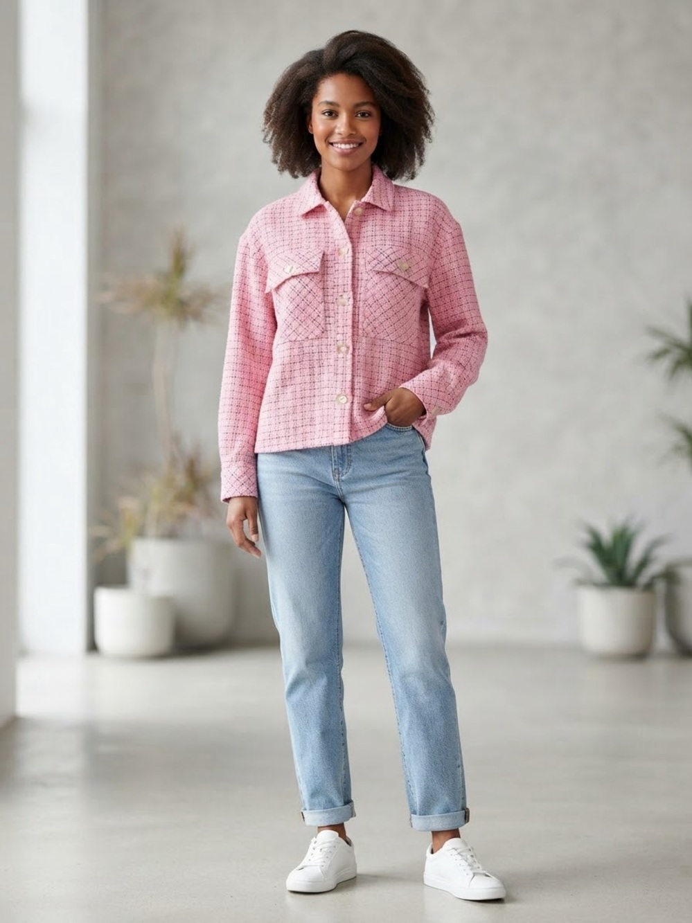 New ENTRO Pink Tweed Button-Up Shacket Jacket Medium